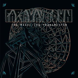 A drawing of huge parabolic radio antenna viewed from behind, ground level. Black background drawing is in bright teal and red. The structure on which the antenna sits features some physically impossible shapes and geometry.